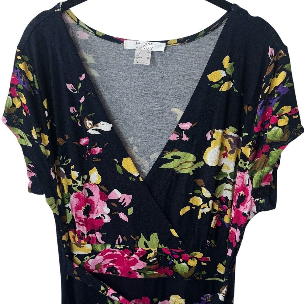 Lascana for Venus Navy Floral Handkerchief Hem Belted Jersey Knit Dress XL - Picture 3 of 11